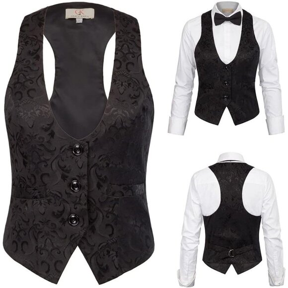 Womens Waistcoat Vest Vintage Steampunk Dress Racerback Jacquard Jacket - Picture 5 of 7